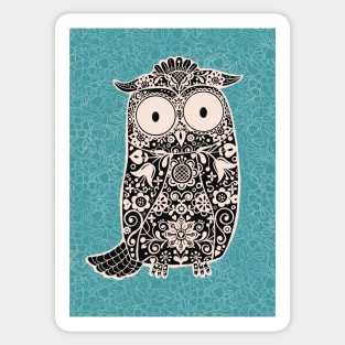 Black and White Folk Art Owl on Teal floral background Sticker